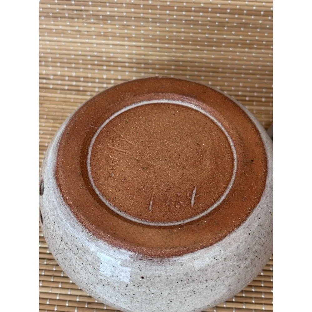 Vintage 1984 Stoneware Garlic Jar Blue Beige Handmade Cottagecore Grandmacore